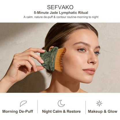 SEFVAKO Lymphatic Contour Face Brush – Dual-Ended Dry Brush with Cool-Touch Jade Gua Sha Edge, Ultra-Soft 0.075mm Bristles for Lymphatic Drainage, Sculpting & Relaxation