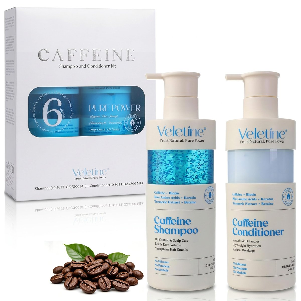 Veletine Caffeine Shampoo and Conditioner Set - Luminous Microbead, Thickening & Volume Boosting for Thinning and Fine Hair, Hydrating and Nourishing, 21.1 Fl Oz - görsel 1