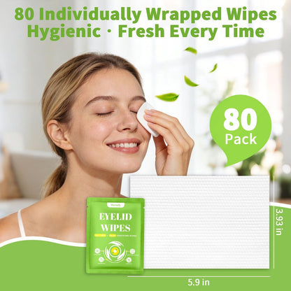 80 Pcs Eyelid Wipes with Tea Tree Oil, Individually Wrapped Eye Lid Cleansing Wipes for Sensitive Eyes, Alcohol-Free Daily Eyelid Cleanser & Gentle Eye Care