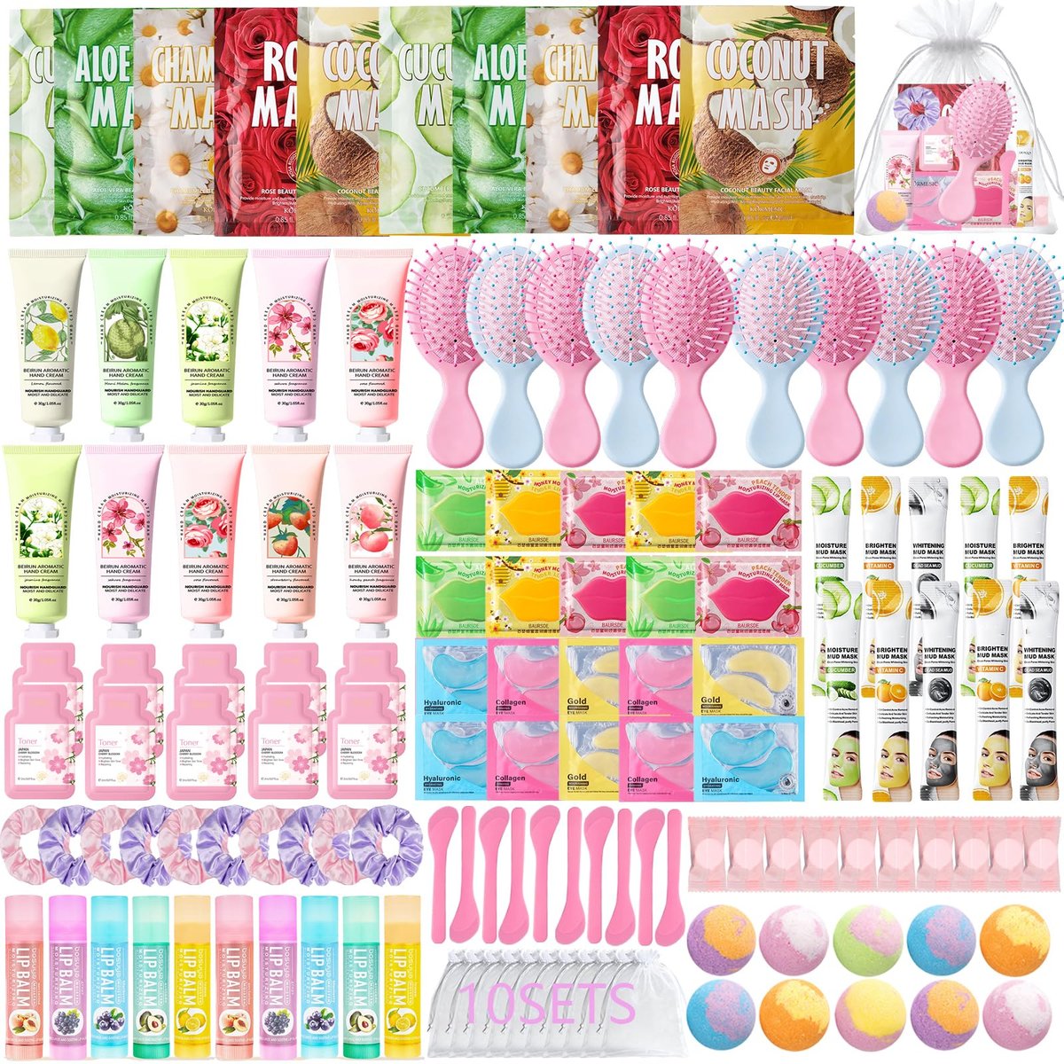 130 Pcs Spa Party Supplies for Women – Face Masks, Hand Cream, Lip Balm, & More – Pink Sleepover Birthday Favor Kit Avelisse