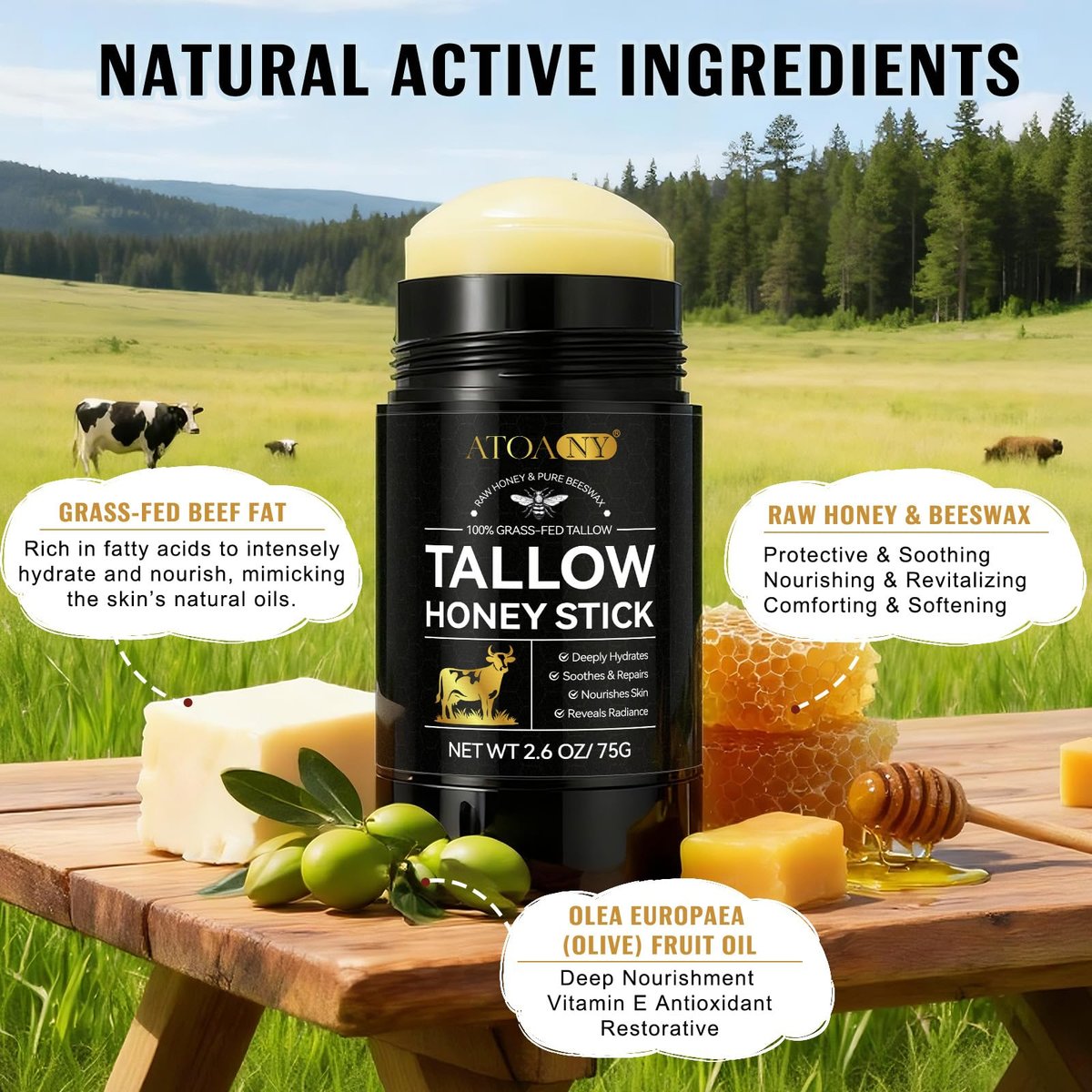 NIFEISHI Organic Beef Tallow for Skin - 100% Grass Fed Beef Tallow & Honey Balm Stick for Face and Body, Natural Moisturizer for Dry & Sensitive Skin, 2.6 FL Oz Avelisse