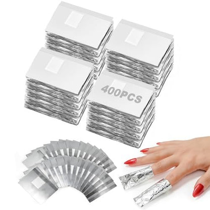 HIWRBDTI 400 PCS Nail Foil Wraps with Pre-Attached Lint-Free Cotton Pads - 2.56 x 3.54 Inches Soak Off Foils for Gel Nail Polish Remover, Home and Salon Use