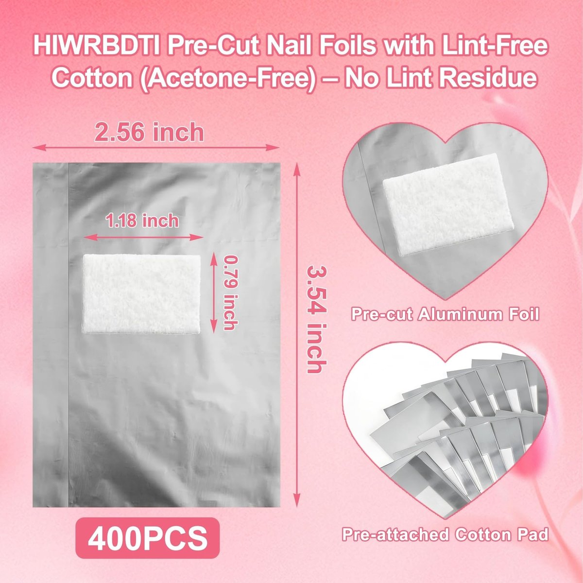 HIWRBDTI 400 PCS Nail Foil Wraps with Pre-Attached Lint-Free Cotton Pads - 2.56 x 3.54 Inches Soak Off Foils for Gel Nail Polish Remover, Home and Salon Use - görsel 5