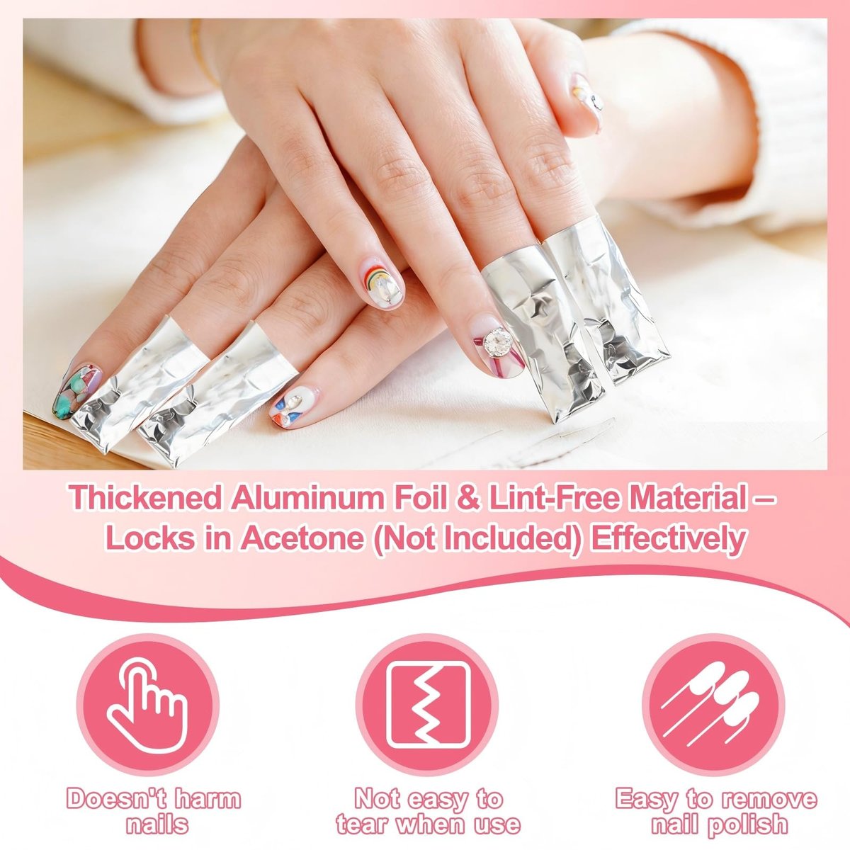 HIWRBDTI 400 PCS Nail Foil Wraps with Pre-Attached Lint-Free Cotton Pads - 2.56 x 3.54 Inches Soak Off Foils for Gel Nail Polish Remover, Home and Salon Use - görsel 11