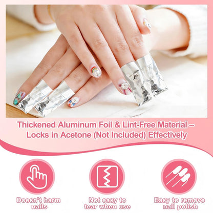 HIWRBDTI 400 PCS Nail Foil Wraps with Pre-Attached Lint-Free Cotton Pads - 2.56 x 3.54 Inches Soak Off Foils for Gel Nail Polish Remover, Home and Salon Use