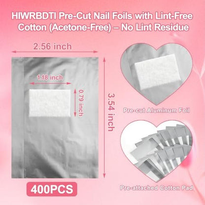 HIWRBDTI 400 PCS Nail Foil Wraps with Pre-Attached Lint-Free Cotton Pads - 2.56 x 3.54 Inches Soak Off Foils for Gel Nail Polish Remover, Home and Salon Use