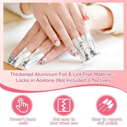 HIWRBDTI 400 PCS Nail Foil Wraps with Pre-Attached Lint-Free Cotton Pads - 2.56 x 3.54 Inches Soak Off Foils for Gel Nail Polish Remover, Home and Salon Use