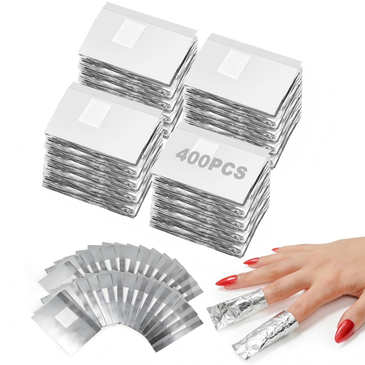 HIWRBDTI 400 PCS Nail Foil Wraps with Pre-Attached Lint-Free Cotton Pads - 2.56 x 3.54 Inches Soak Off Foils for Gel Nail Polish Remover, Home and Salon Use - görsel 1