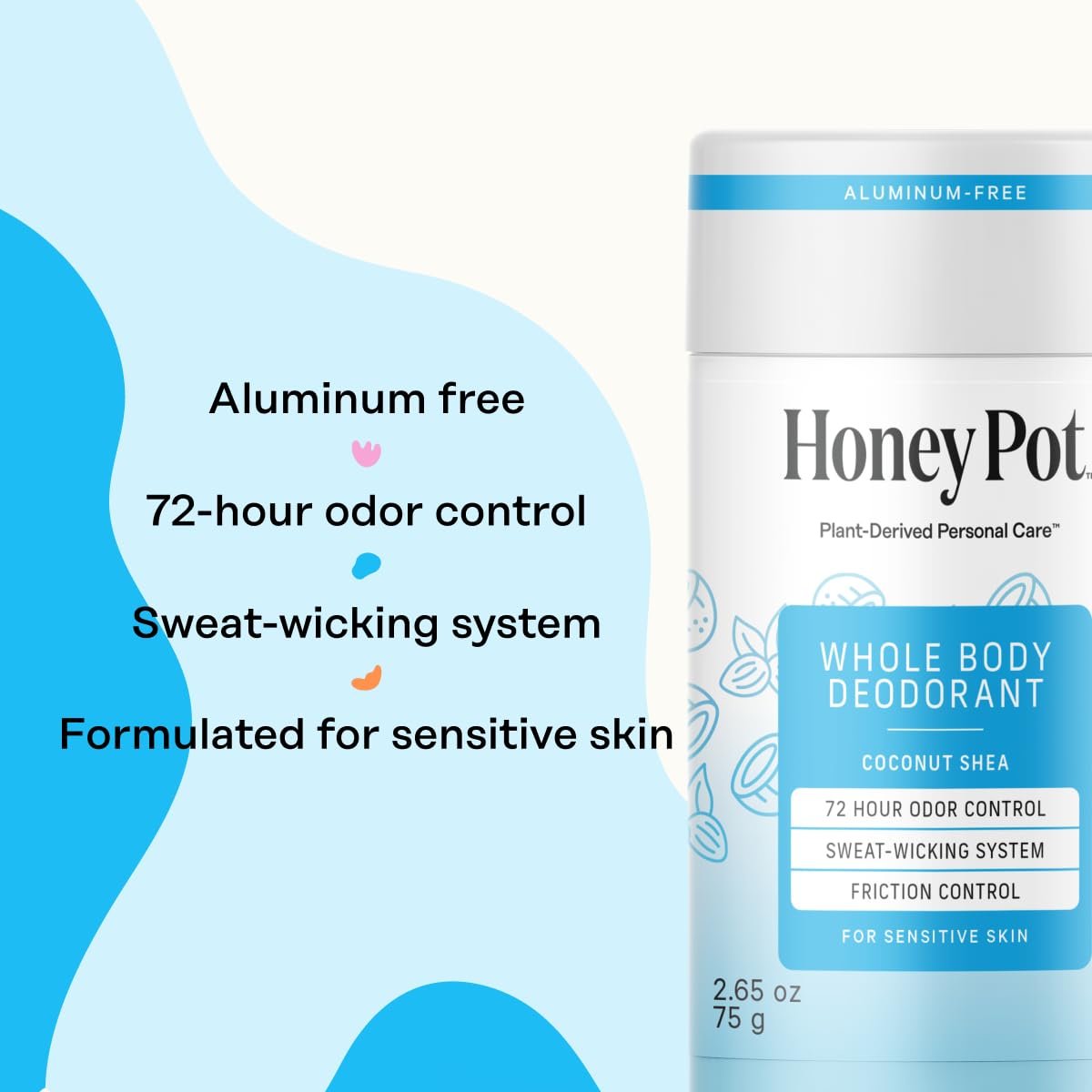 Honey Pot Whole Body Coconut Shea Butter Deodorant - Aluminum-Free, 72-Hour Odor Control, Sweat-Wicking, No Parabens or Sulfates, 2.65 Oz Avelisse