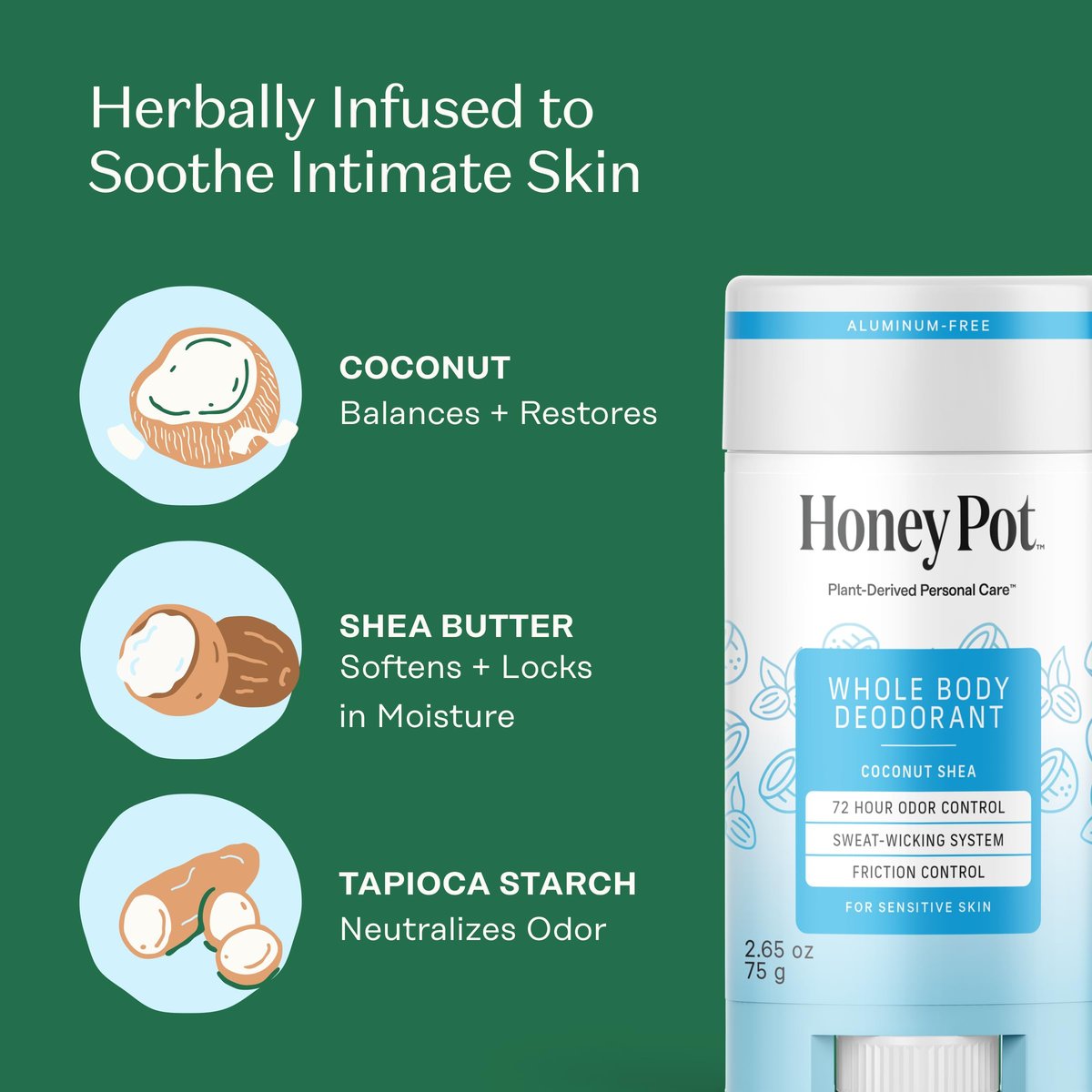 Honey Pot Whole Body Coconut Shea Butter Deodorant - Aluminum-Free, 72-Hour Odor Control, Sweat-Wicking, No Parabens or Sulfates, 2.65 Oz Avelisse