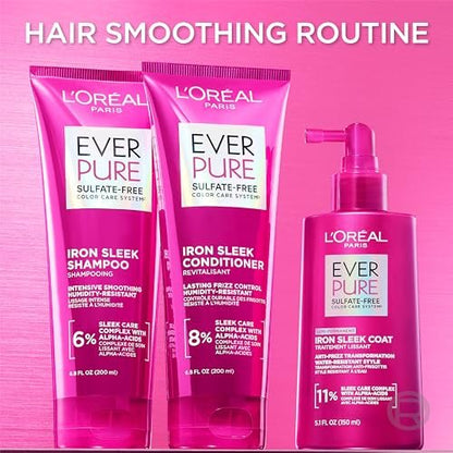 L'Oreal Paris EverPure Sulfate Free Iron Sleek Coat Hair Treatment - Frizz Control & Humidity Protection, Semi-Permanent Smoothing, 5.1 fl oz