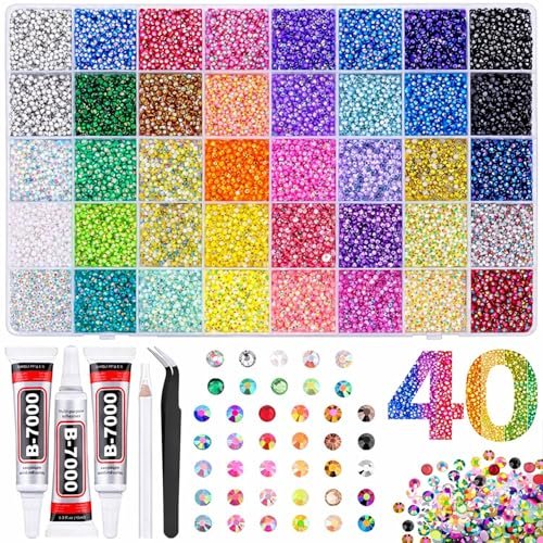40 Colors Flatback Resin Jelly Rhinestones - 3mm 32000 Pieces with B7000 Glue for Bedazzling, Crafting, Clothing, Shoes, Nail Art, Diamond Art Avelisse