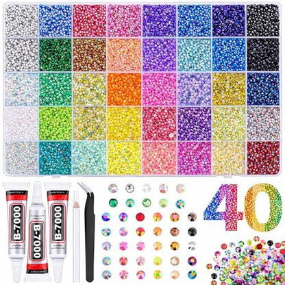 40 Colors Flatback Resin Jelly Rhinestones - 3mm 32000 Pieces with B7000 Glue for Bedazzling, Crafting, Clothing, Shoes, Nail Art, Diamond Art Avelisse