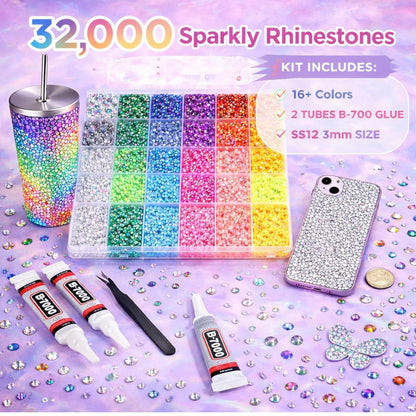40 Colors Flatback Resin Jelly Rhinestones - 3mm 32000 Pieces with B7000 Glue for Bedazzling, Crafting, Clothing, Shoes, Nail Art, Diamond Art Avelisse