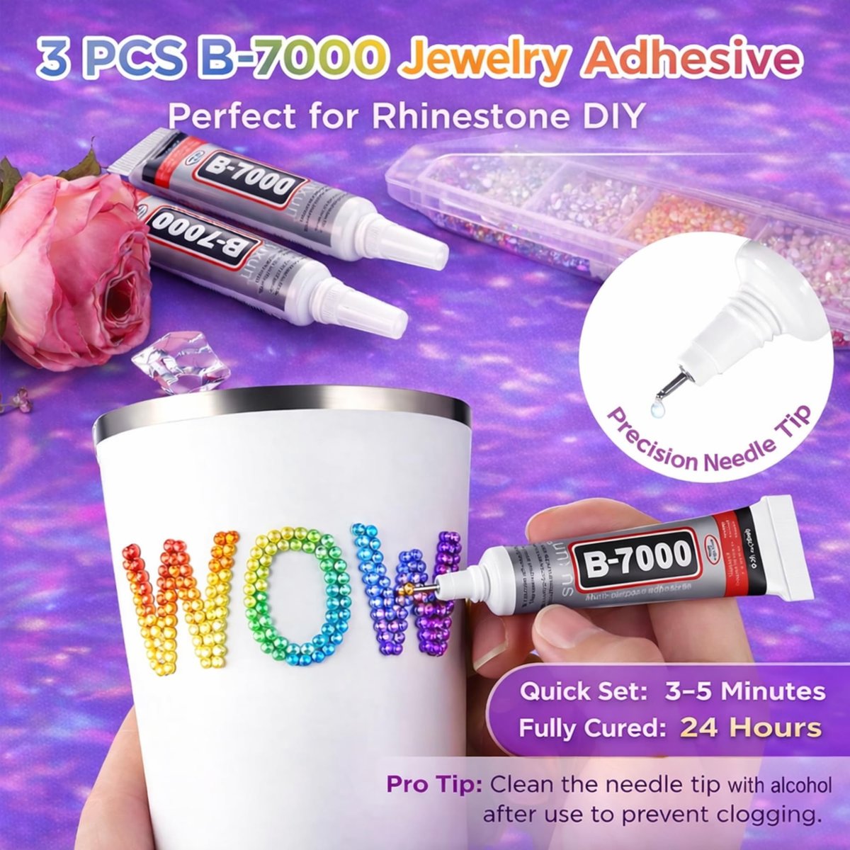 40 Colors Flatback Resin Jelly Rhinestones - 3mm 32000 Pieces with B7000 Glue for Bedazzling, Crafting, Clothing, Shoes, Nail Art, Diamond Art Avelisse