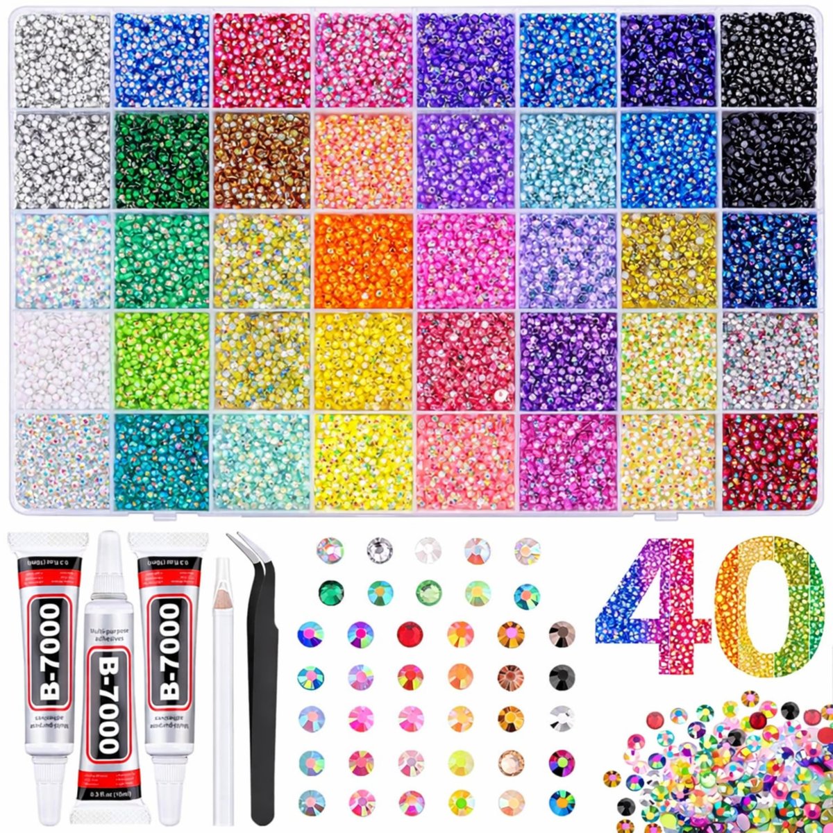 40 Colors Flatback Resin Jelly Rhinestones - 3mm 32000 Pieces with B7000 Glue for Bedazzling, Crafting, Clothing, Shoes, Nail Art, Diamond Art Avelisse