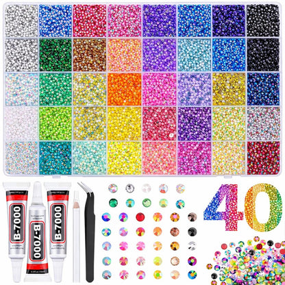 40 Colors Flatback Resin Jelly Rhinestones - 3mm 32000 Pieces with B7000 Glue for Bedazzling, Crafting, Clothing, Shoes, Nail Art, Diamond Art Avelisse