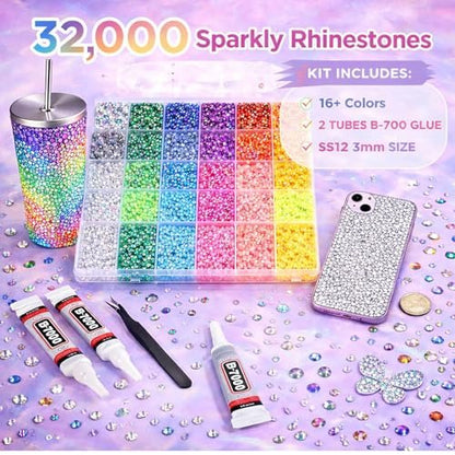 40 Colors Flatback Resin Jelly Rhinestones - 3mm 32000 Pieces with B7000 Glue for Bedazzling, Crafting, Clothing, Shoes, Nail Art, Diamond Art Avelisse
