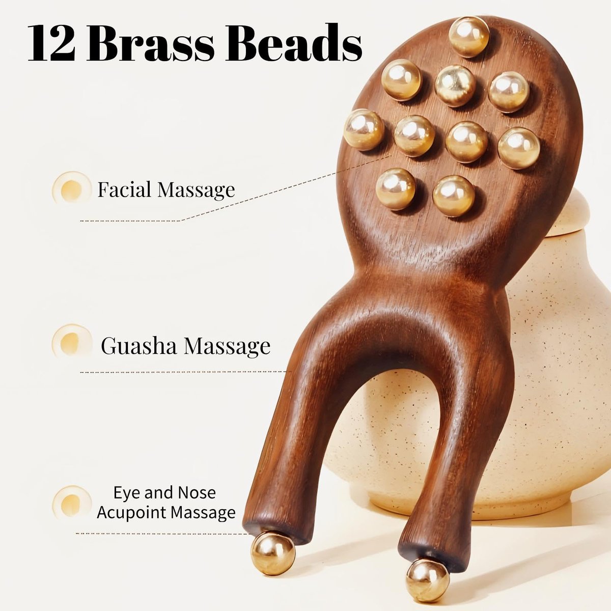 KINTEGOOD Sandalwood Facial Massage Roller with 12 Brass Beads - Wooden Y-Shaped Guasha Tool for Face, Eye, Nose, Ear Meridian Acupoint Massage - görsel 9