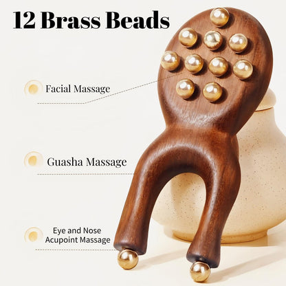 KINTEGOOD Sandalwood Facial Massage Roller with 12 Brass Beads - Wooden Y-Shaped Guasha Tool for Face, Eye, Nose, Ear Meridian Acupoint Massage