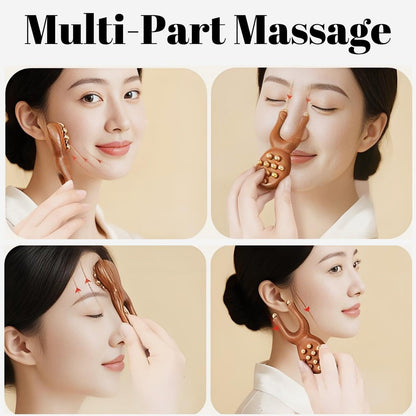 KINTEGOOD Sandalwood Facial Massage Roller with 12 Brass Beads - Wooden Y-Shaped Guasha Tool for Face, Eye, Nose, Ear Meridian Acupoint Massage