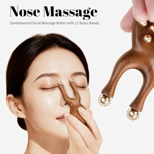 KINTEGOOD Sandalwood Facial Massage Roller with 12 Brass Beads - Wooden Y-Shaped Guasha Tool for Face, Eye, Nose, Ear Meridian Acupoint Massage - görsel 4