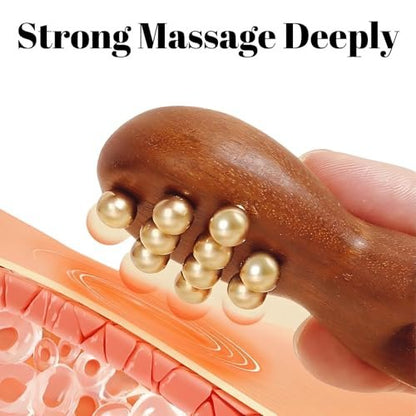 KINTEGOOD Sandalwood Facial Massage Roller with 12 Brass Beads - Wooden Y-Shaped Guasha Tool for Face, Eye, Nose, Ear Meridian Acupoint Massage