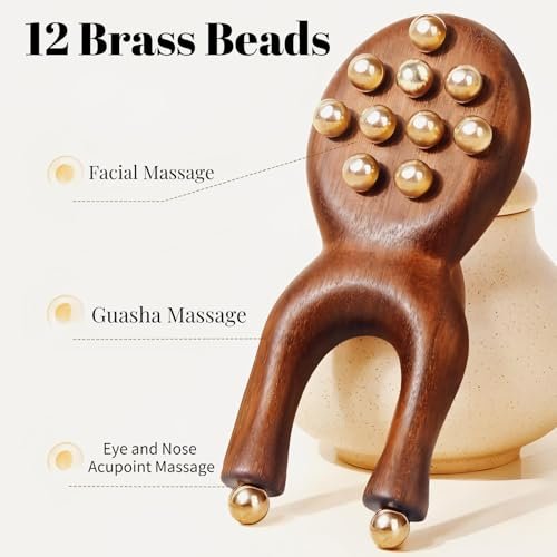 KINTEGOOD Sandalwood Facial Massage Roller with 12 Brass Beads - Wooden Y-Shaped Guasha Tool for Face, Eye, Nose, Ear Meridian Acupoint Massage - görsel 10