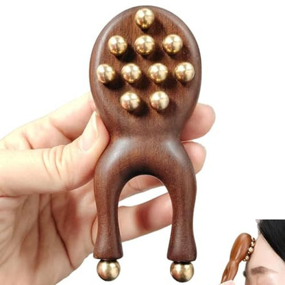 KINTEGOOD Sandalwood Facial Massage Roller with 12 Brass Beads - Wooden Y-Shaped Guasha Tool for Face, Eye, Nose, Ear Meridian Acupoint Massage