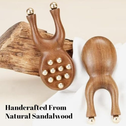 KINTEGOOD Sandalwood Facial Massage Roller with 12 Brass Beads - Wooden Y-Shaped Guasha Tool for Face, Eye, Nose, Ear Meridian Acupoint Massage