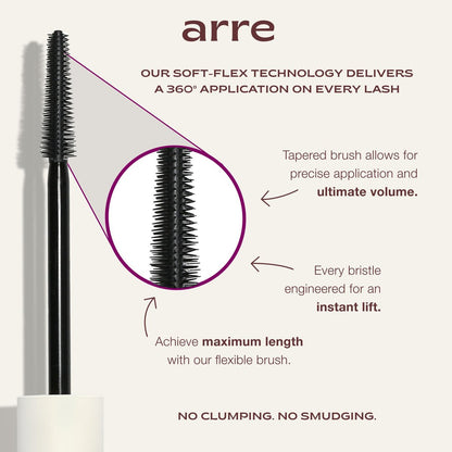 Arre Beauty Tubing Mascara - Lengthening Formula with Peptide Infused Lash Serum - Smudge-Proof, Warm Water Removal, Sensitive Eye Safe - Glossy Jet Black (Ace High) Avelisse