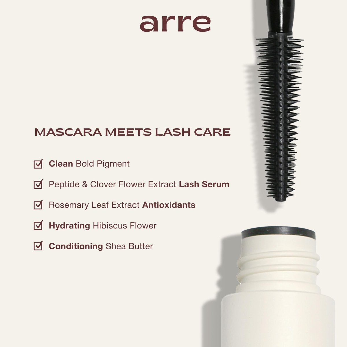 Arre Beauty Tubing Mascara - Lengthening Formula with Peptide Infused Lash Serum - Smudge-Proof, Warm Water Removal, Sensitive Eye Safe - Glossy Jet Black (Ace High) Avelisse