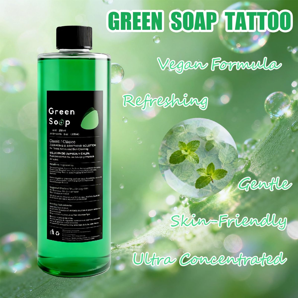 Sotica Green Soap Tattoo 8.5oz with Squeeze Bottle Set - Vegan & Gentle Tattoo Aftercare Green Soap for Tattooing & Piercing, Tattoo Cleaning Supplies (250ml) Avelisse