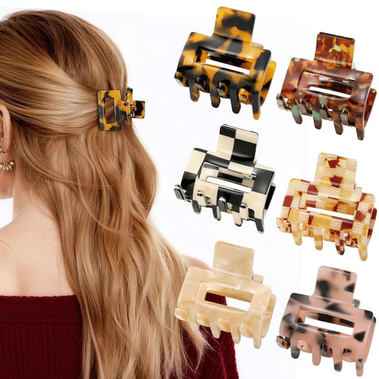6 PCS Acetate Small Hair Clips for Women - 1.3 Inch Square Tortoise Shell & Leopard Print Claw Clips for Thin Fine Short Hair - Durable Hair Accessories by Interesse
