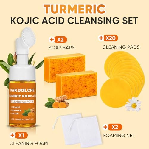 OAKDOLCHE 4-Piece Turmeric Wash Set: Face Wash with Brush, Kojic Acid Soap Bars, Cleansing Pads & Foaming Nets for Deep Facial & Body Cleansing Avelisse