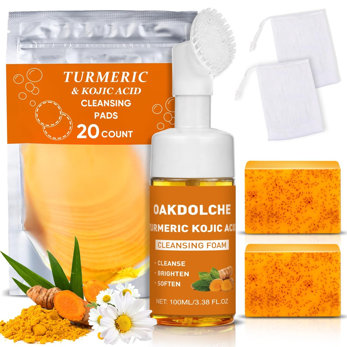 OAKDOLCHE 4-Piece Turmeric Wash Set: Face Wash with Brush, Kojic Acid Soap Bars, Cleansing Pads & Foaming Nets for Deep Facial & Body Cleansing Avelisse