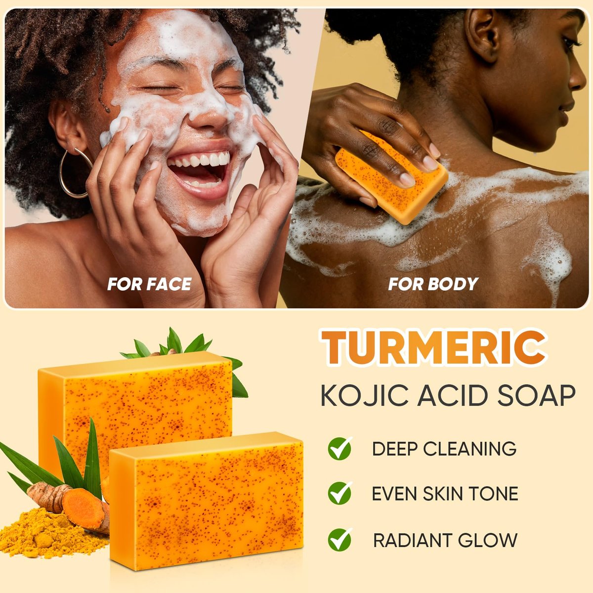 OAKDOLCHE 4-Piece Turmeric Wash Set: Face Wash with Brush, Kojic Acid Soap Bars, Cleansing Pads & Foaming Nets for Deep Facial & Body Cleansing Avelisse