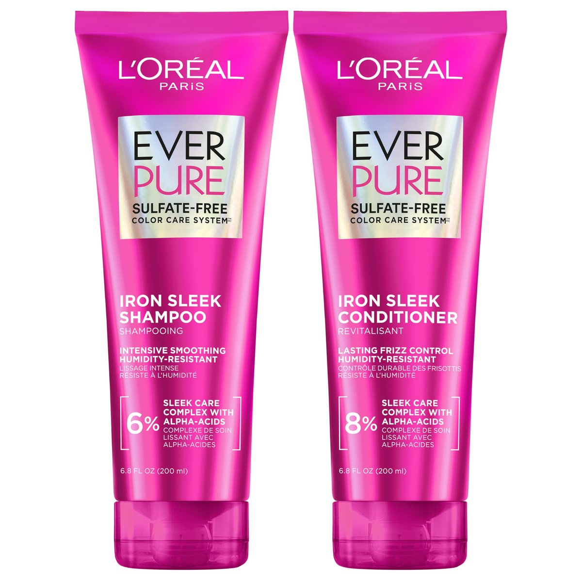 L'Oreal Paris EverPure Sulfate Free Iron Sleek Smoothing Shampoo and Conditioner Set - Frizz Control & Humidity-Resistant Formula with Alpha-Acids, 6.8 Fl Oz Each - görsel 1