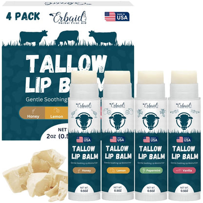 Beef Tallow Lip Balm – Natural Tallow Beeswax Chapstick – Hydrating Grass Fed Beef Tallow Honey Balm Lip Care – Soothes Chapped Dry Sensitive Lips – Long Lasting Vitamin Rich USA-Made Variety Pack Avelisse