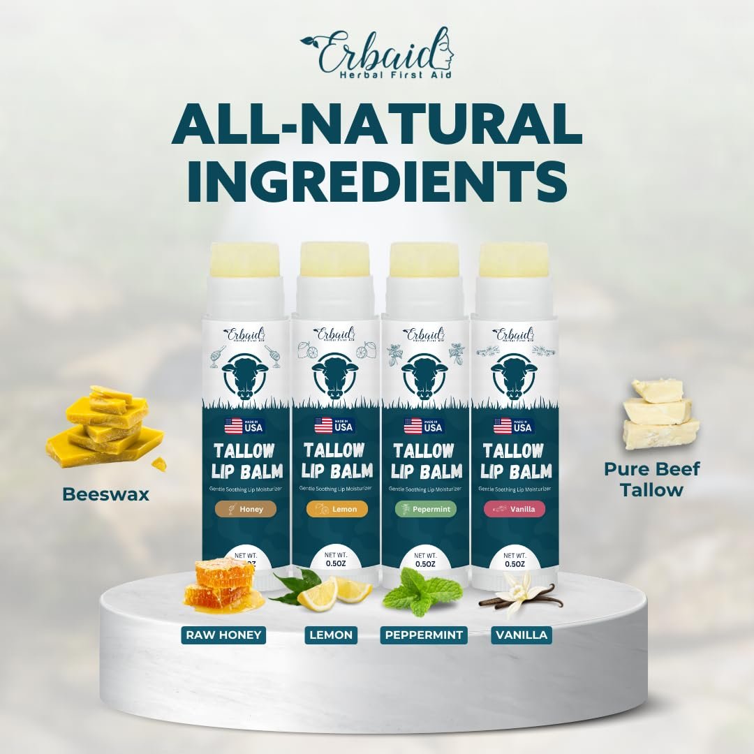 Beef Tallow Lip Balm – Natural Tallow Beeswax Chapstick – Hydrating Grass Fed Beef Tallow Honey Balm Lip Care – Soothes Chapped Dry Sensitive Lips – Long Lasting Vitamin Rich USA-Made Variety Pack Avelisse