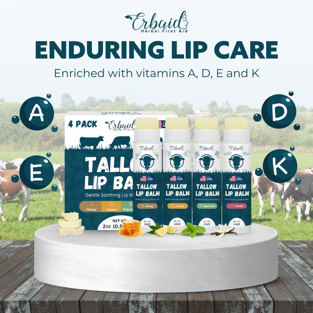 Beef Tallow Lip Balm – Natural Tallow Beeswax Chapstick – Hydrating Grass Fed Beef Tallow Honey Balm Lip Care – Soothes Chapped Dry Sensitive Lips – Long Lasting Vitamin Rich USA-Made Variety Pack Avelisse