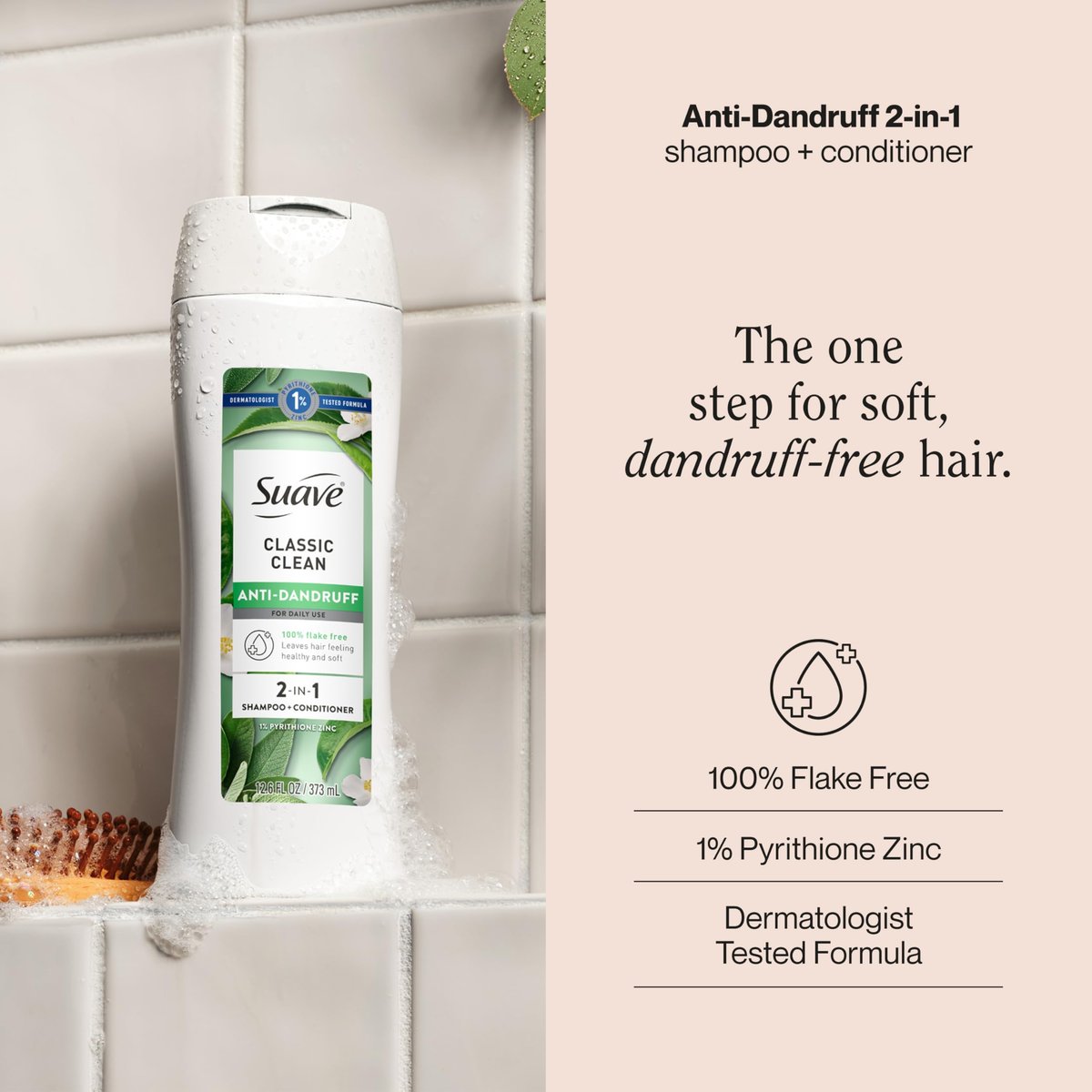 Suave Anti Dandruff 2-in-1 Shampoo & Conditioner for Women, Classic Clean, 1% Pyrithione Zinc Dandruff Treatment, Controls Flakes, Itch & Dry Scalp, 12.6 FL OZ - görsel 3