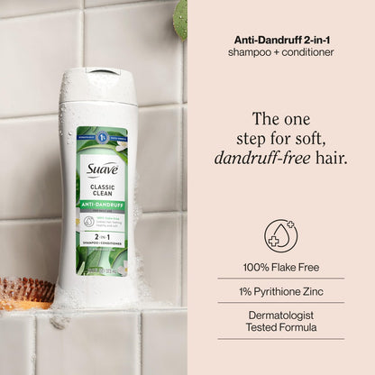 Suave Anti Dandruff 2-in-1 Shampoo & Conditioner for Women, Classic Clean, 1% Pyrithione Zinc Dandruff Treatment, Controls Flakes, Itch & Dry Scalp, 12.6 FL OZ