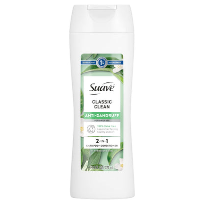 Suave Anti Dandruff 2-in-1 Shampoo & Conditioner for Women, Classic Clean, 1% Pyrithione Zinc Dandruff Treatment, Controls Flakes, Itch & Dry Scalp, 12.6 FL OZ