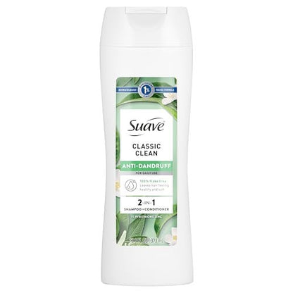 Suave Anti Dandruff 2-in-1 Shampoo & Conditioner for Women, Classic Clean, 1% Pyrithione Zinc Dandruff Treatment, Controls Flakes, Itch & Dry Scalp, 12.6 FL OZ
