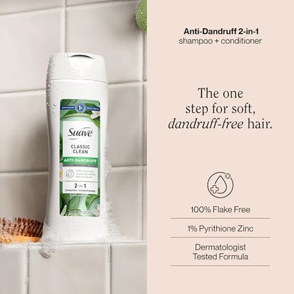 Suave Anti Dandruff 2-in-1 Shampoo & Conditioner for Women, Classic Clean, 1% Pyrithione Zinc Dandruff Treatment, Controls Flakes, Itch & Dry Scalp, 12.6 FL OZ
