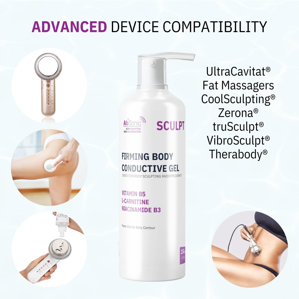 Absonic Sculpt Firming Cavitation Conductive Gel - Toning Gel with L-Carnitine & Vitamin B5 for Body Cavitation, Sculpting & Tightening Devices - 8.5oz - Made in USA Avelisse