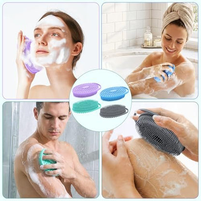 Double-Sided Silicone Body Scrubber 4 Pack – Soft Exfoliating Loofah for Men & Women, Quick Foaming Body Wash Scrubber with Hanging Handle (4 Colors)