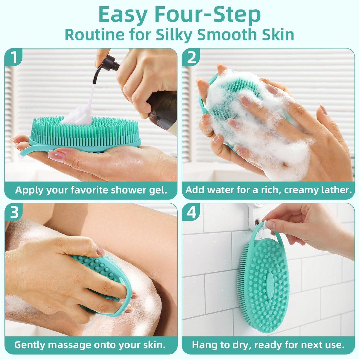 Double-Sided Silicone Body Scrubber 4 Pack – Soft Exfoliating Loofah for Men & Women, Quick Foaming Body Wash Scrubber with Hanging Handle (4 Colors) - görsel 13
