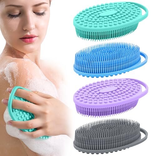Double-Sided Silicone Body Scrubber 4 Pack – Soft Exfoliating Loofah for Men & Women, Quick Foaming Body Wash Scrubber with Hanging Handle (4 Colors) - görsel 2